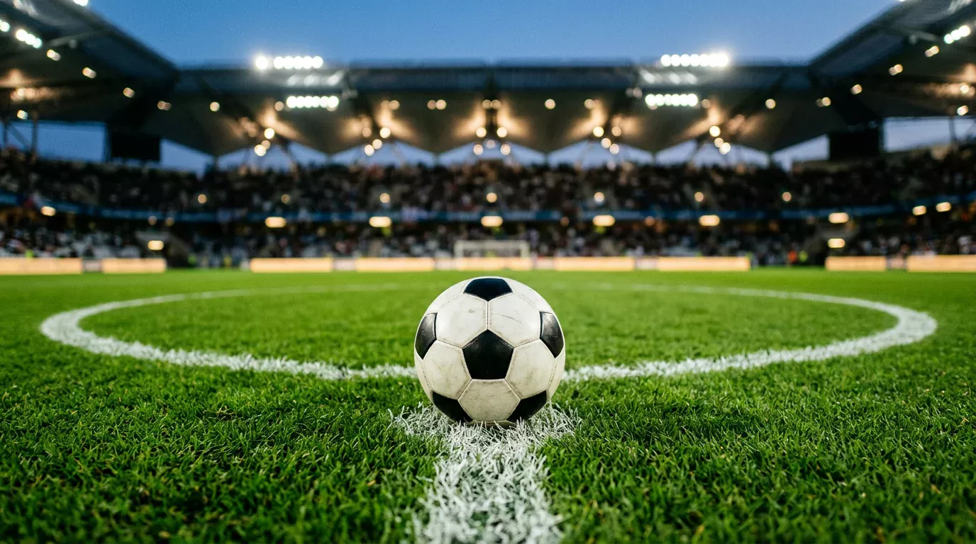 Voetbal op de middenstip van een verlicht voetbalstadion tijdens een avondwedstrijd