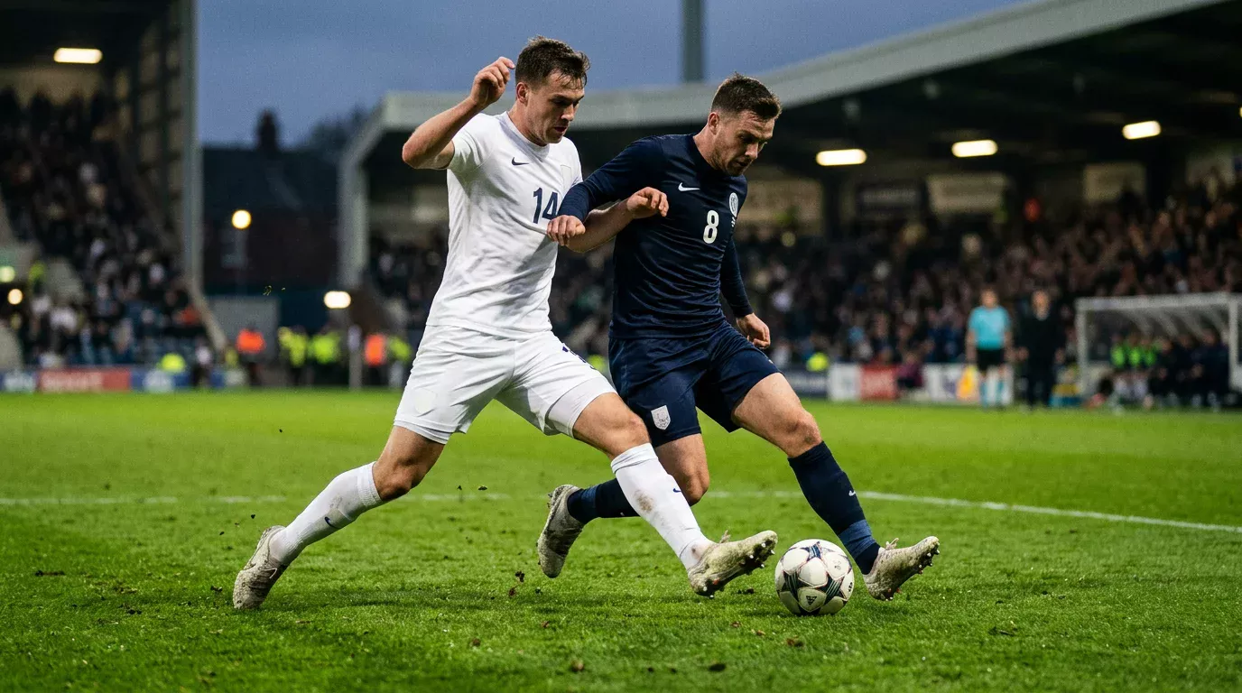 Twee voetballers in verschillende kleuren tenue duelleren om de bal op het veld