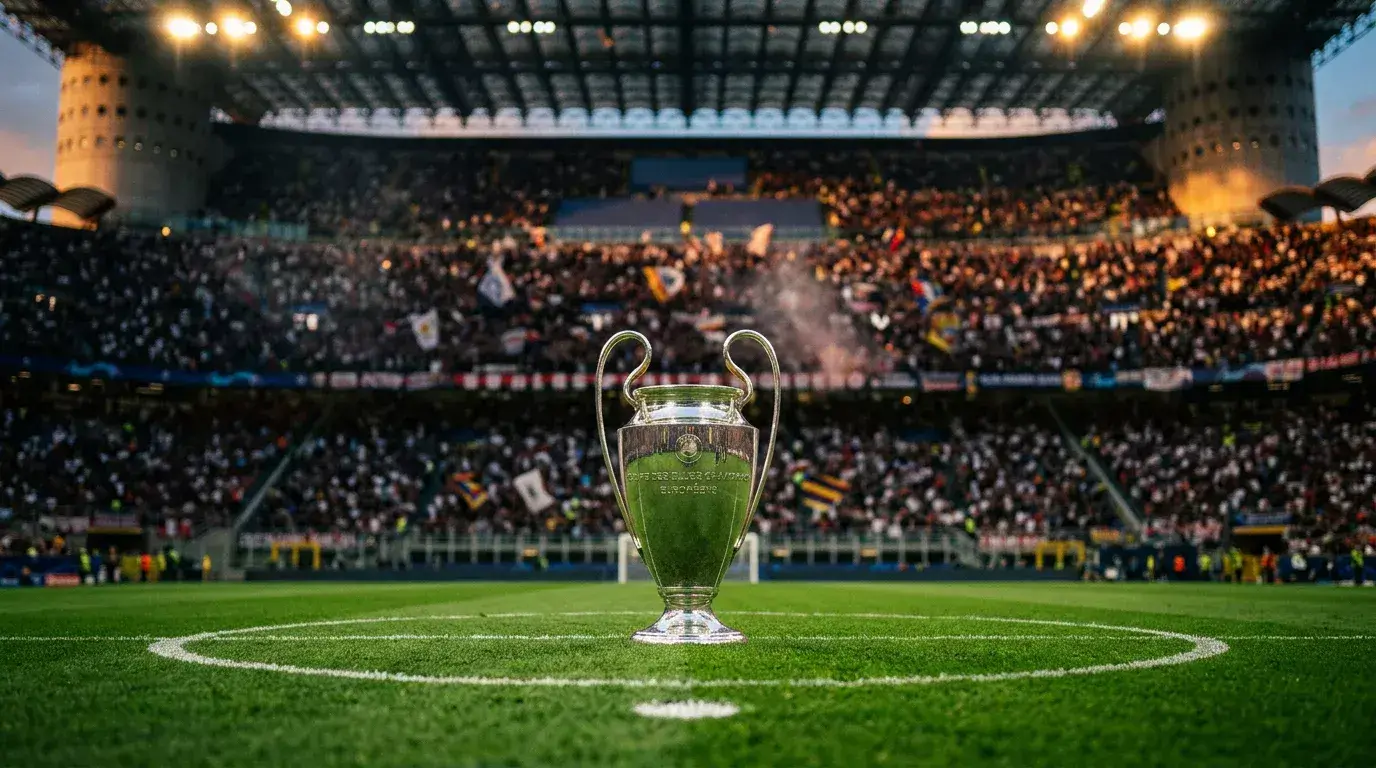 Champions League trofee in stadionlichten voor de finale 2026 in Boedapest