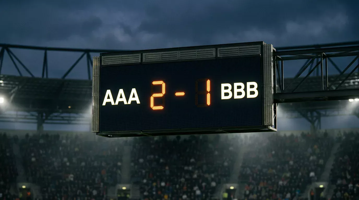 Elektronisch scorebord in een voetbalstadion toont de stand van een wedstrijd