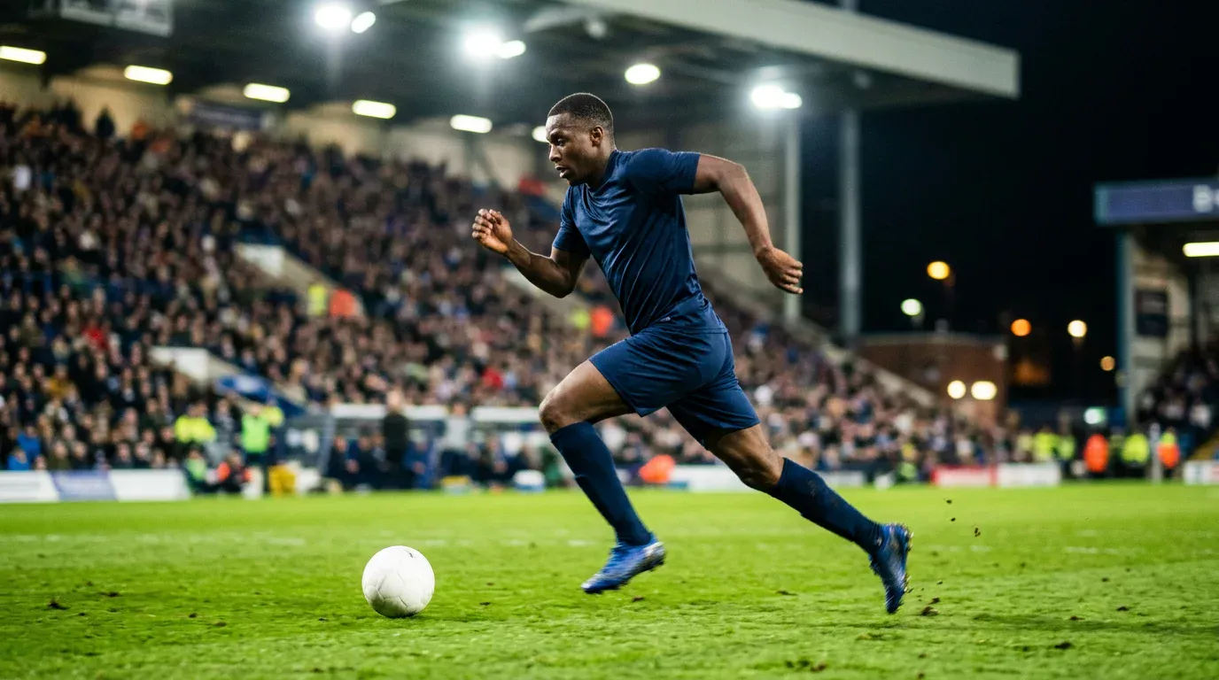 Voetballer in volle sprint achter de bal tijdens een avondwedstrijd onder de lampen