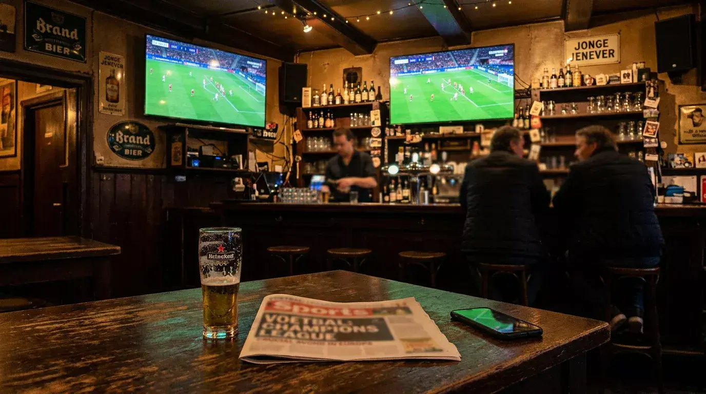 Nederlandse sportbar met scherm waarop een Champions League wedstrijd zichtbaar is