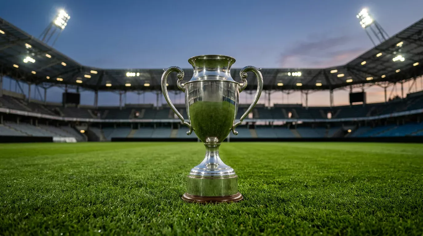 Champions League-trofee op een grasveld in een leeg voetbalstadion