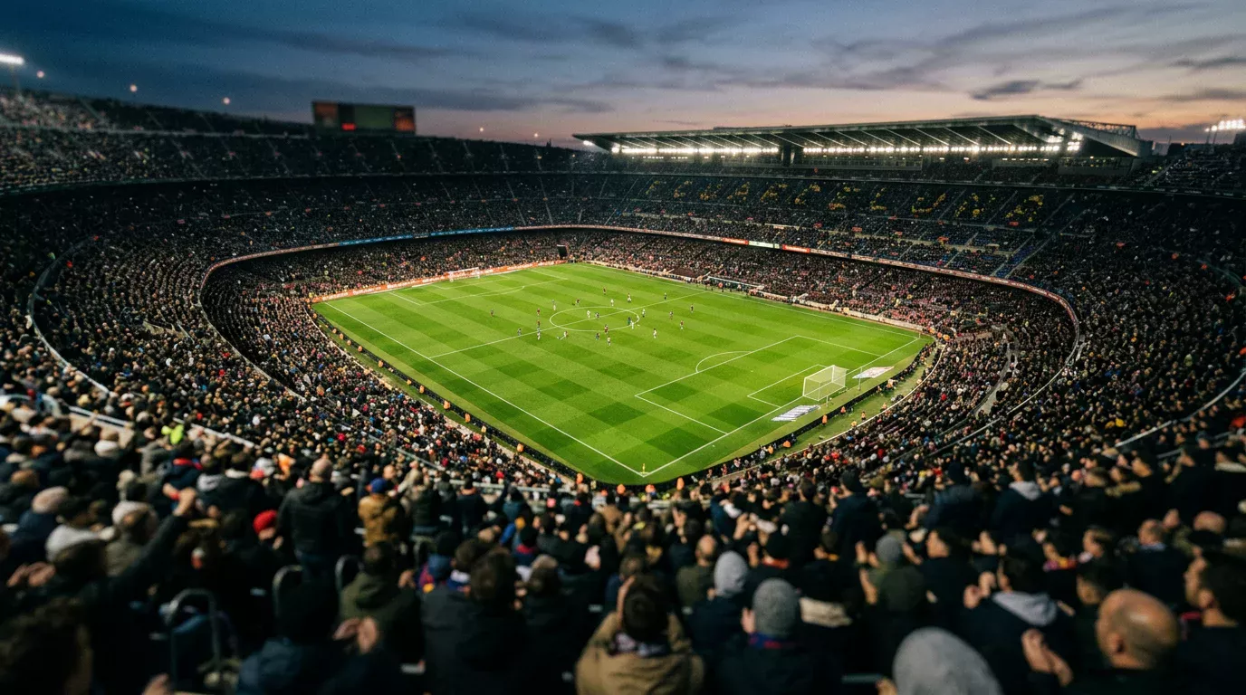 Voetbalveld in een vol stadion vanaf de tribune gezien tijdens een avondduel