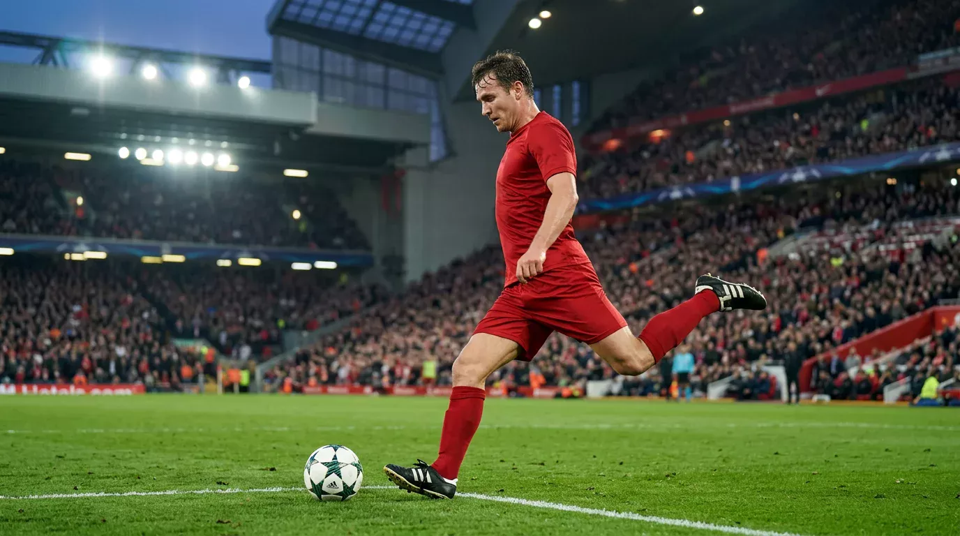 Voetballer haalt uit voor een schot op doel in een gevuld stadion